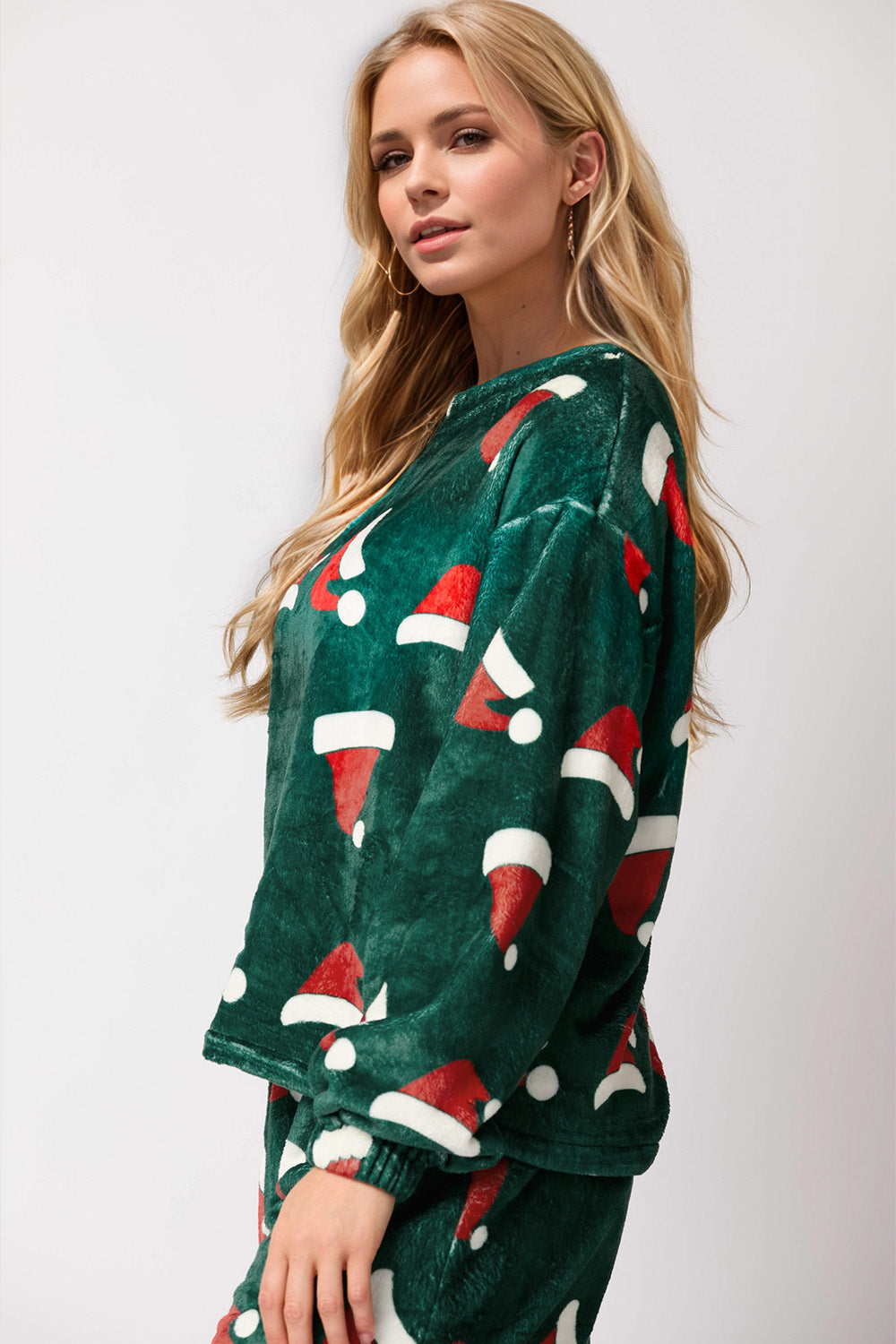 Christmas Hat Pattern Round Neck Long Sleeve Top and Pants Set