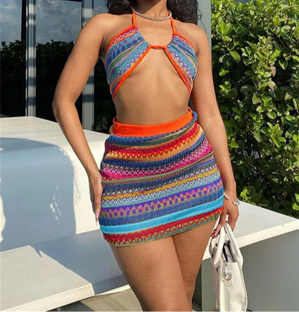 Colorful Wavy Striped Halter Bandage Tank Matching Outfits