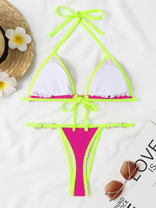 Textured Contrast Halter Neck Two-Piece Bikini Set