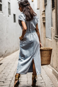 Slit Pocketed Half Button Denim Dress