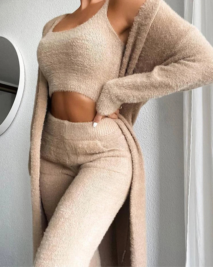 Shaggy Knit 3piece Set Crop Tops Pants Cardigan Matching Suits