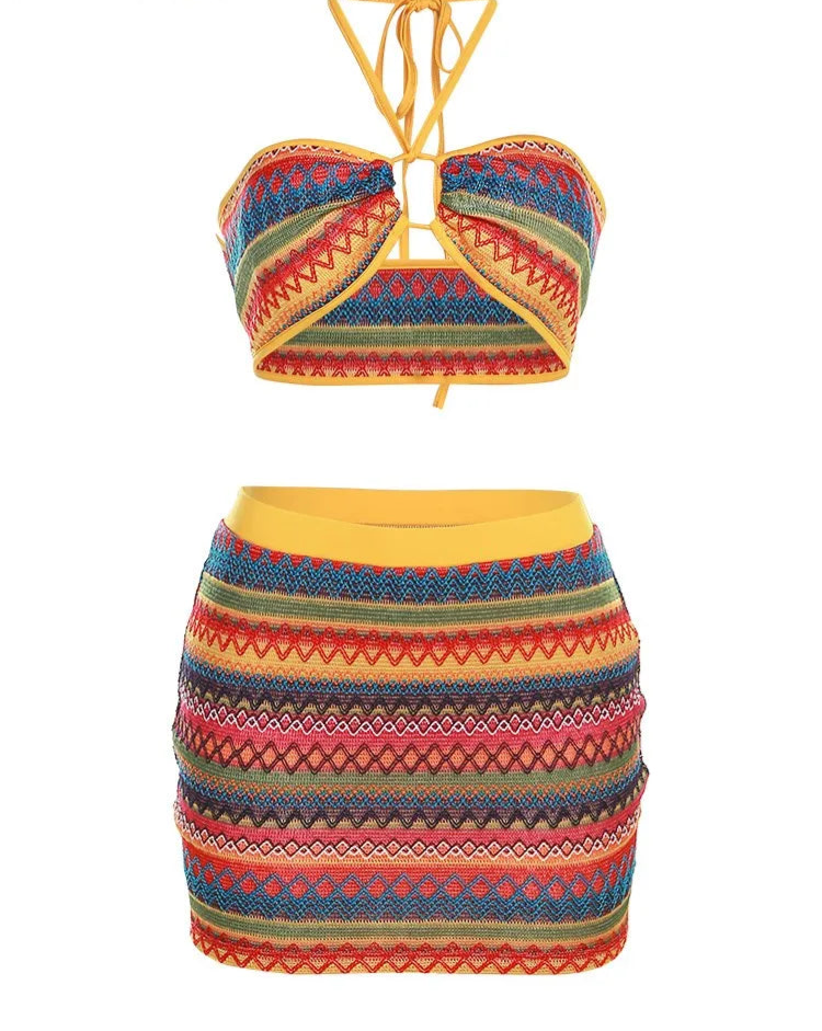 Colorful Wavy Striped Halter Bandage Tank Matching Outfits