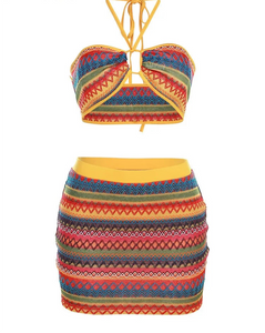 Colorful Wavy Striped Halter Bandage Tank Matching Outfits