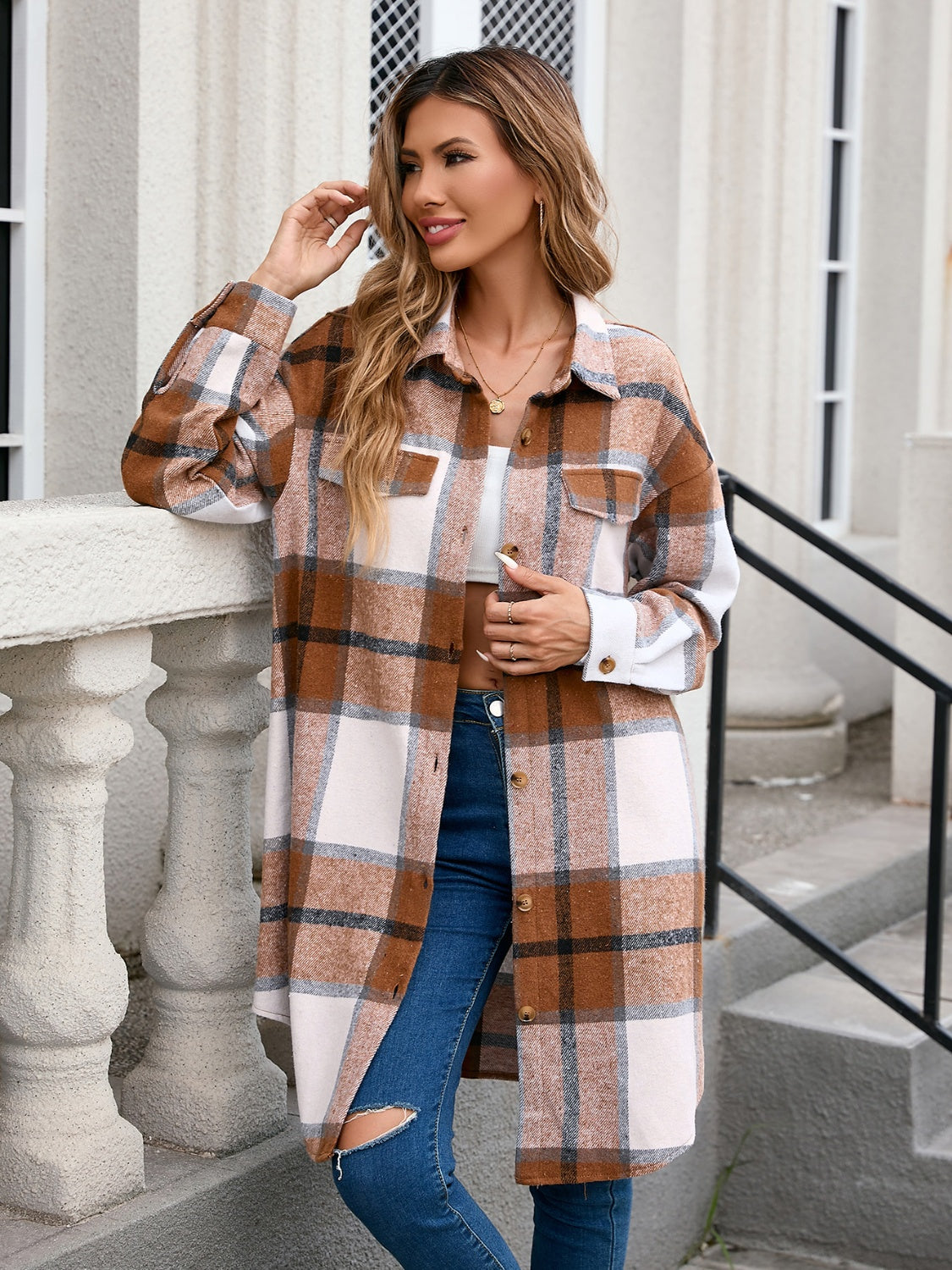 Plaid Button Up Long Sleeve Longline Outerwear