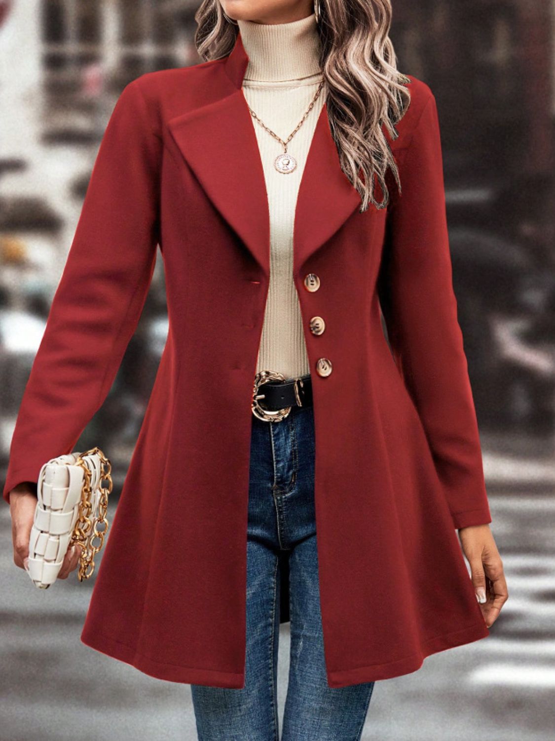 Collared Neck Button Up Long Sleeve Coat