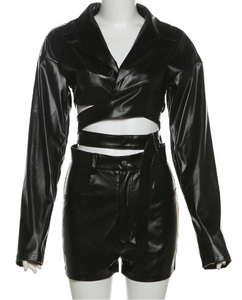 PU Hipster Leather v-Neck Cross Sash Sexy Crop Tops+Shorts Matching Outfits