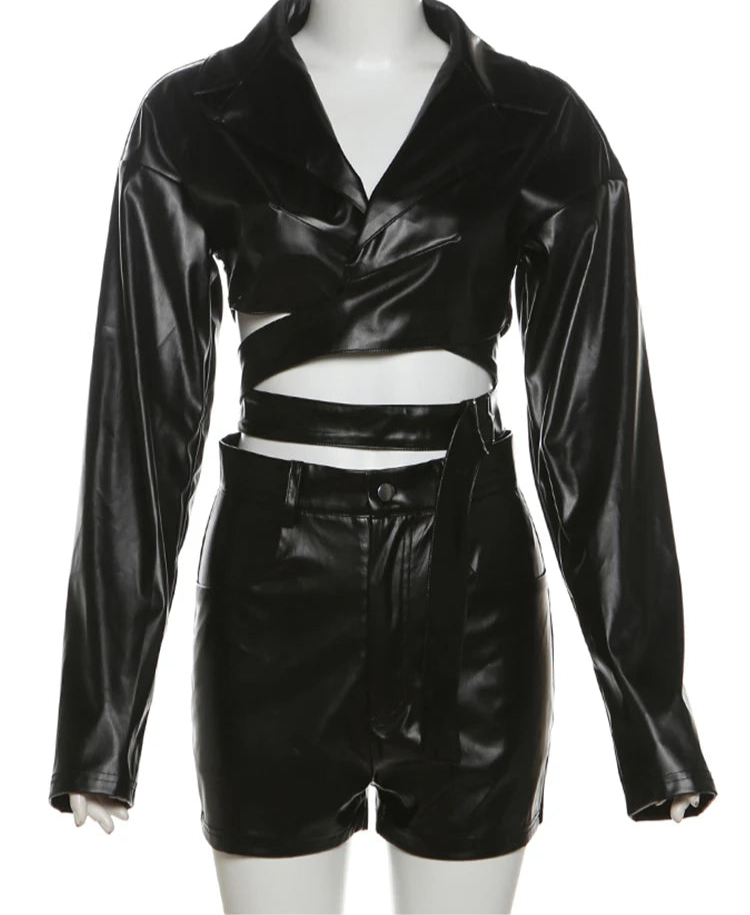 PU Hipster Leather v-Neck Cross Sash Sexy Crop Tops+Shorts Matching Outfits