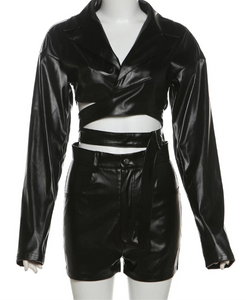 PU Hipster Leather v-Neck Cross Sash Sexy Crop Tops+Shorts Matching Outfits