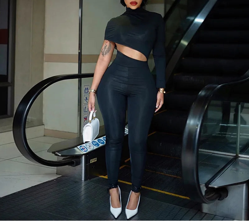 One Shoulder Long Sleeve Cut Out Jumpsuit