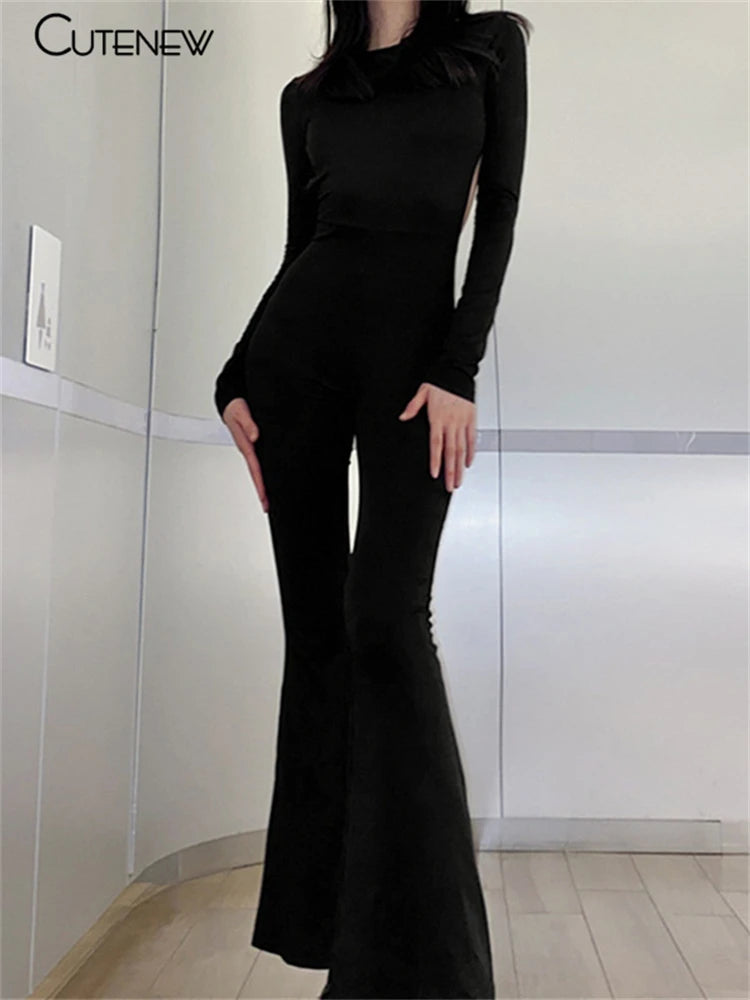 Nibber Solid Black Sexy Backless Bodycon Wide Leg Jumpsuit