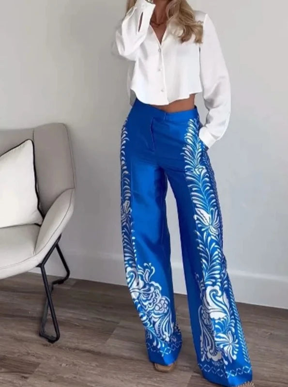 Print Turn-Down Collar Long Sleeves Single Breasted Shirts+High Waist Pants