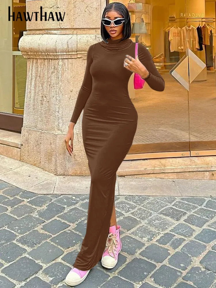 Hawthaw Long Sleeve Hooded Bodycon Long Dress