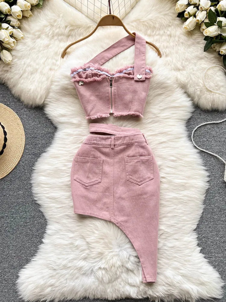 Denim Elegant Zipper Suspenders Two Piece Set