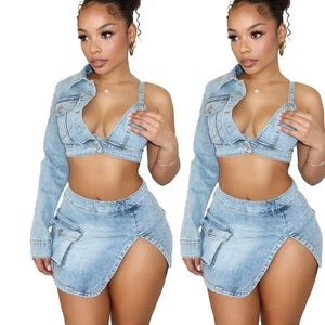 Denim Backless Slit Two Piece Cowboy Outfits