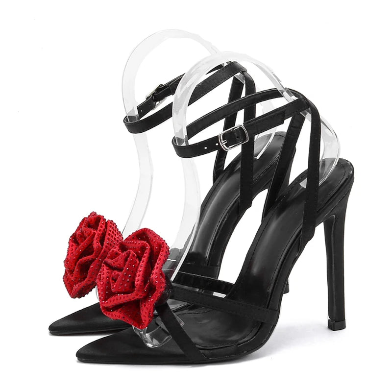 CRYSTAL Flower Ankle Buckle Strap Thin Heels