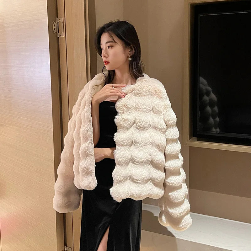 White  Plush Fur Coat Collarless