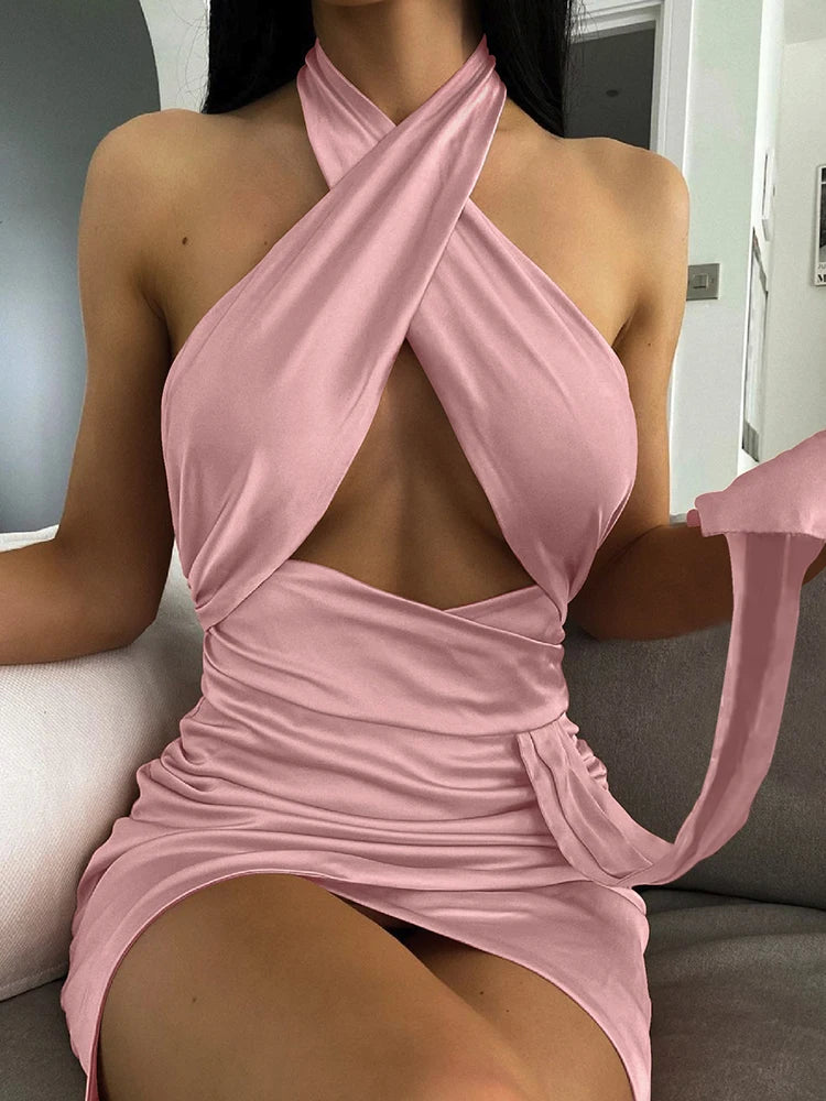 Halter Bodycon Mini Ribbon Hollow Out Dress