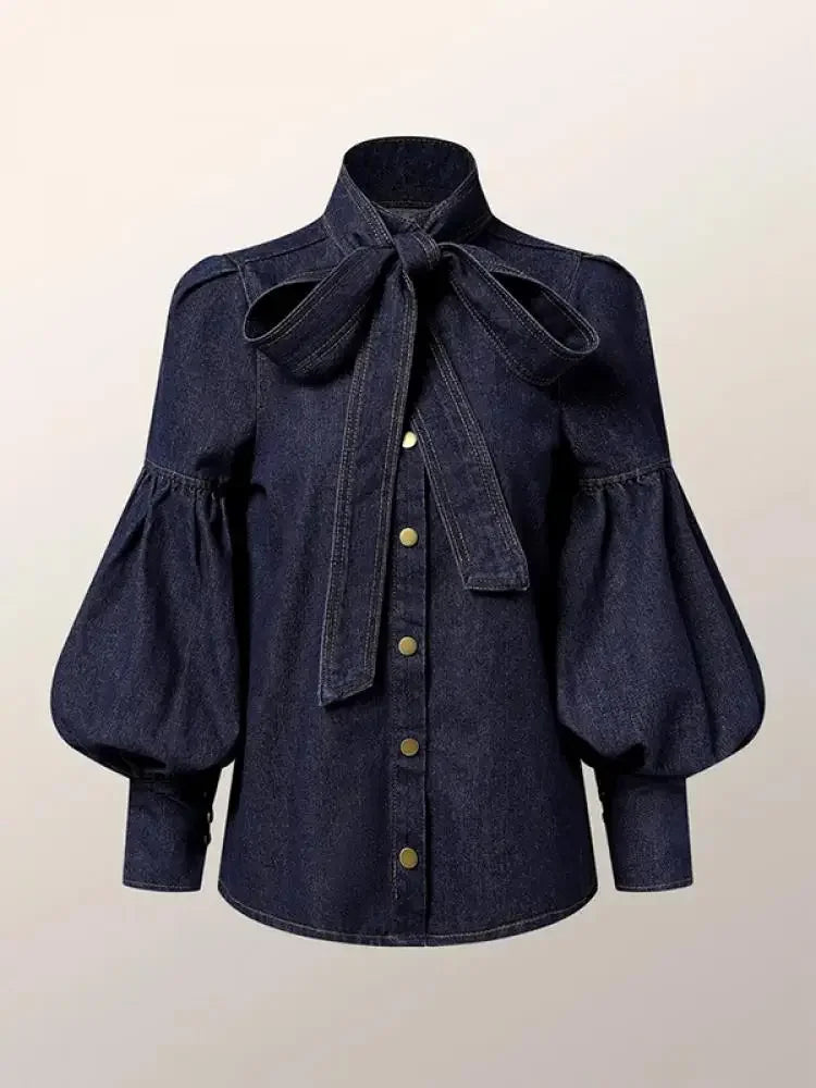 Denim Long Puff Sleeves Bow-Embellished Shirt