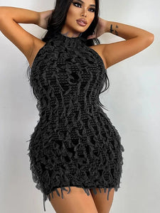 Tassel Sleeveless Knit See Through Stretch Dress