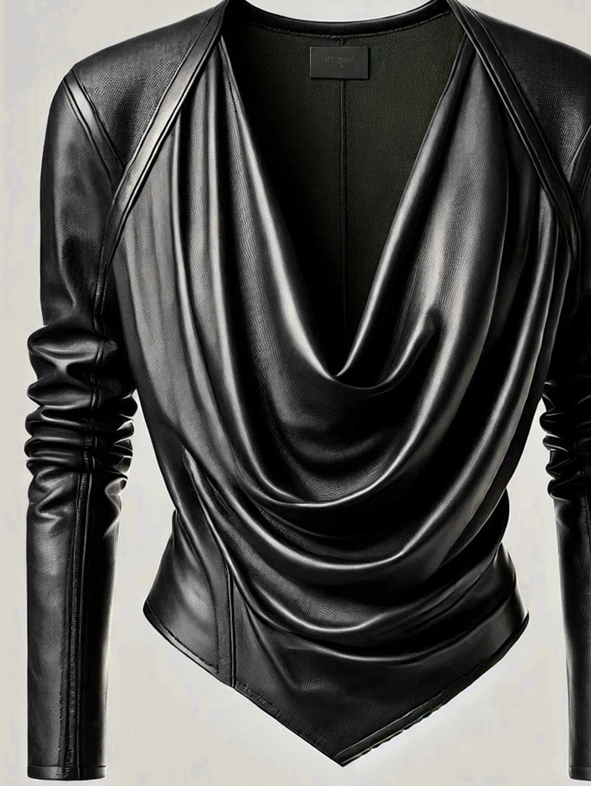 Cinched Cowl V Neck PU Leather Long Sleeve Blouse