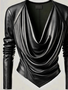 Cinched Cowl V Neck PU Leather Long Sleeve Blouse