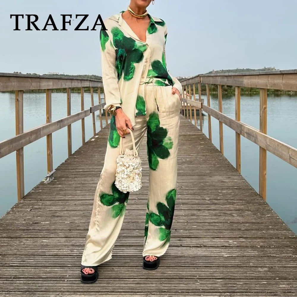 Kondala Turndown Collar Loose Shirts + High Waist Wide leg pants