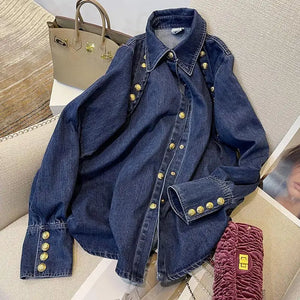 Retro Denim French Exquisite Chic Top  Women Shirt