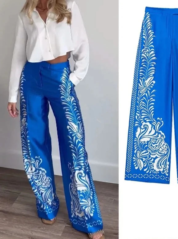 Print Turn-Down Collar Long Sleeves Single Breasted Shirts+High Waist Pants