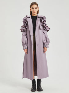 Lautaro Spring Autumn Long Ruffled Soft Pu Leather Trench Coat