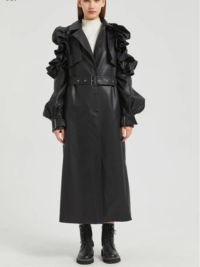 Lautaro Spring Autumn Long Ruffled Soft Pu Leather Trench Coat