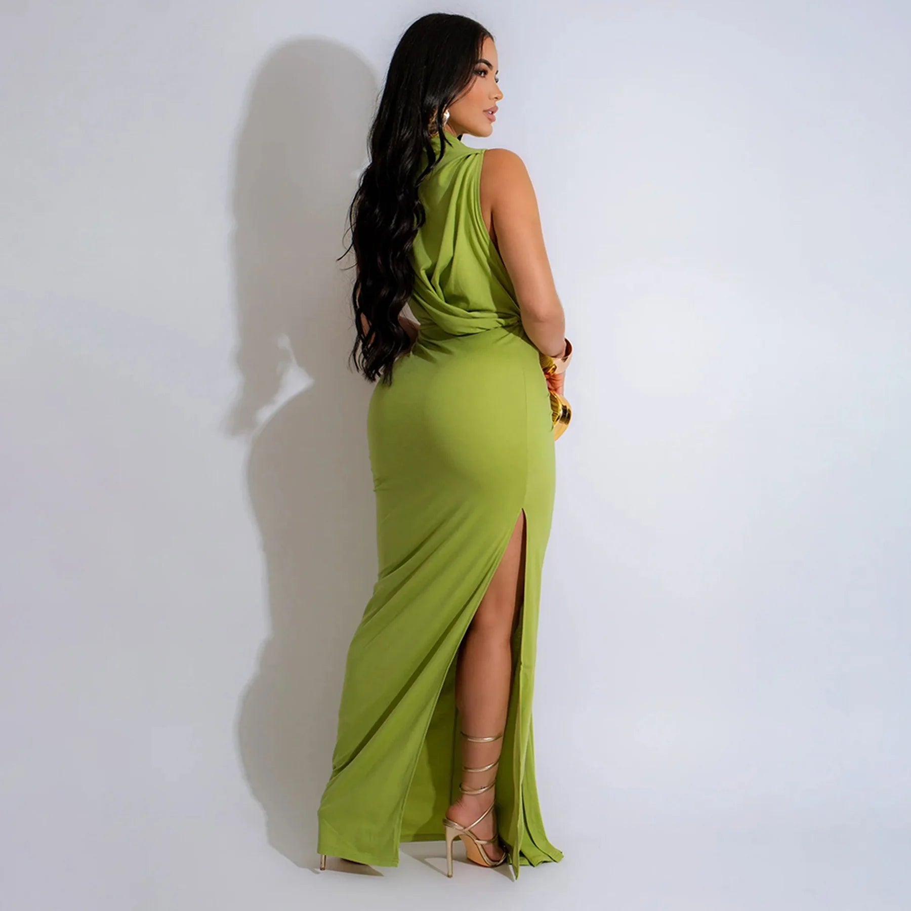 High Split Ruched Stacked Bodycon Midi Maxi  Dress