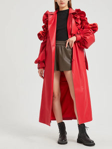 Lautaro Spring Autumn Long Ruffled Soft Pu Leather Trench Coat