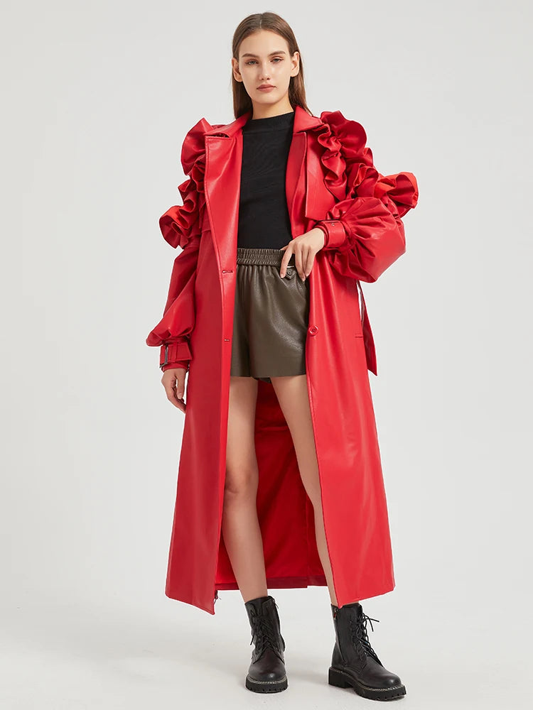 Lautaro Spring Autumn Long Ruffled Soft Pu Leather Trench Coat