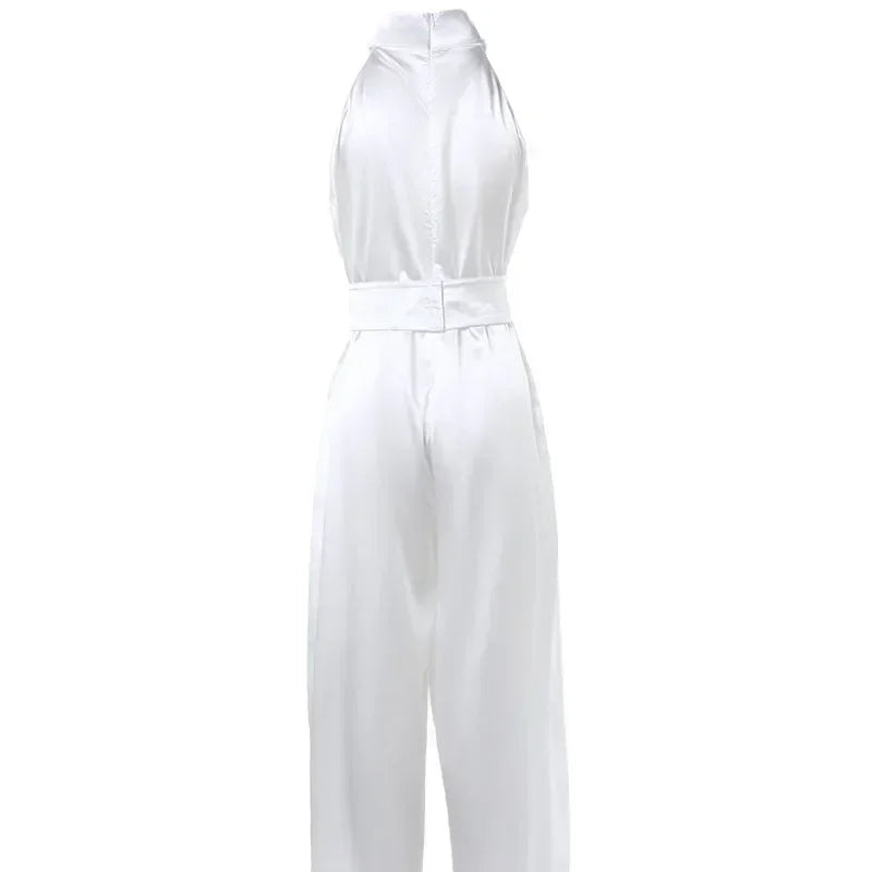 White Satin Neck Hanging Sleeveless Waist Wide Leg Jumpsuit