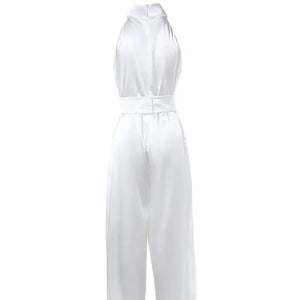 White Satin Neck Hanging Sleeveless Waist Wide Leg Jumpsuit