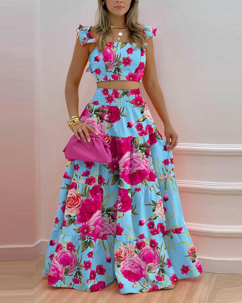 No Worry Floral Print Ruffled Shirred 2 Piece Set