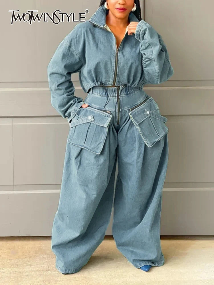 TWOTWINSTYLE Denim Casual Two Piece Sets