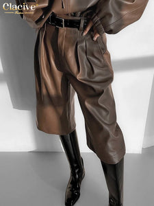 Clacive Winter Loose Brown Pu Leather Sets