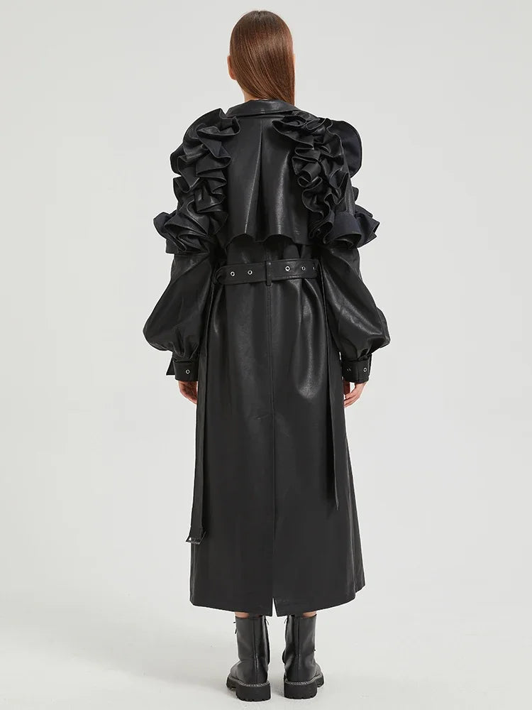 Lautaro Spring Autumn Long Ruffled Soft Pu Leather Trench Coat