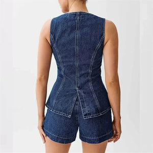 Denim Sleeveless Button Splicing Two Piece Sets