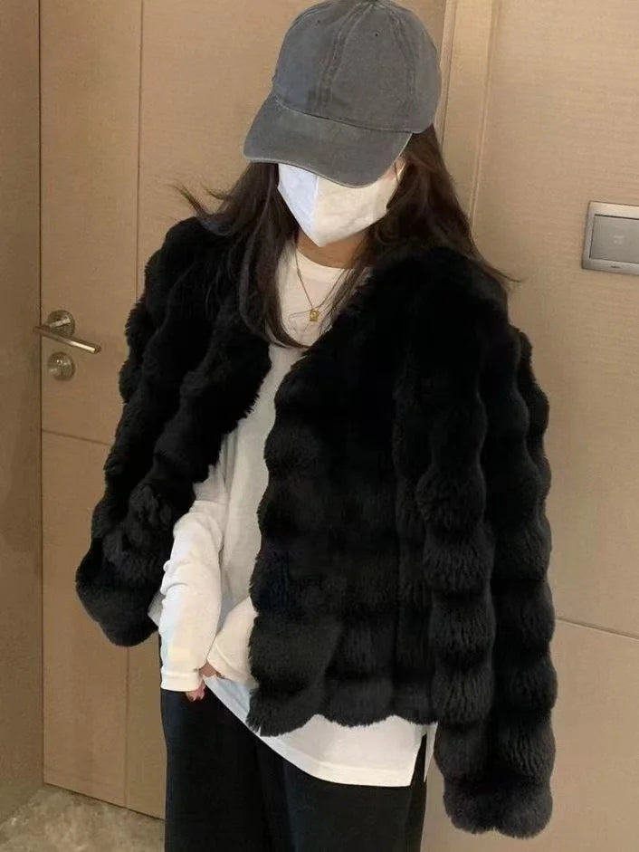 White  Plush Fur Coat Collarless