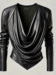 Cinched Cowl V Neck PU Leather Long Sleeve Blouse