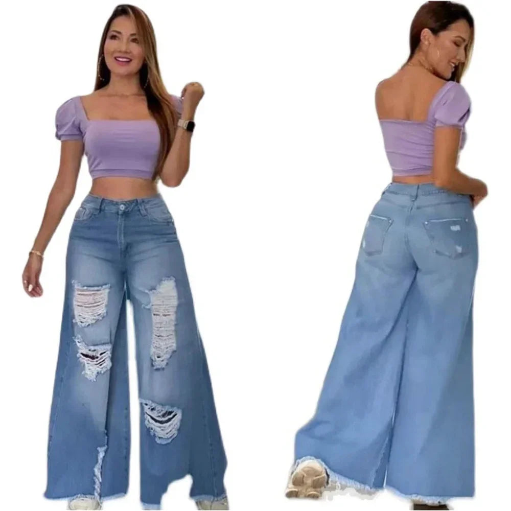 Ripped Jeans High Waist Loose Wide Leg Pants