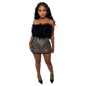 See Through Mesh Rhinestone Feather Tube Top Mini Dress