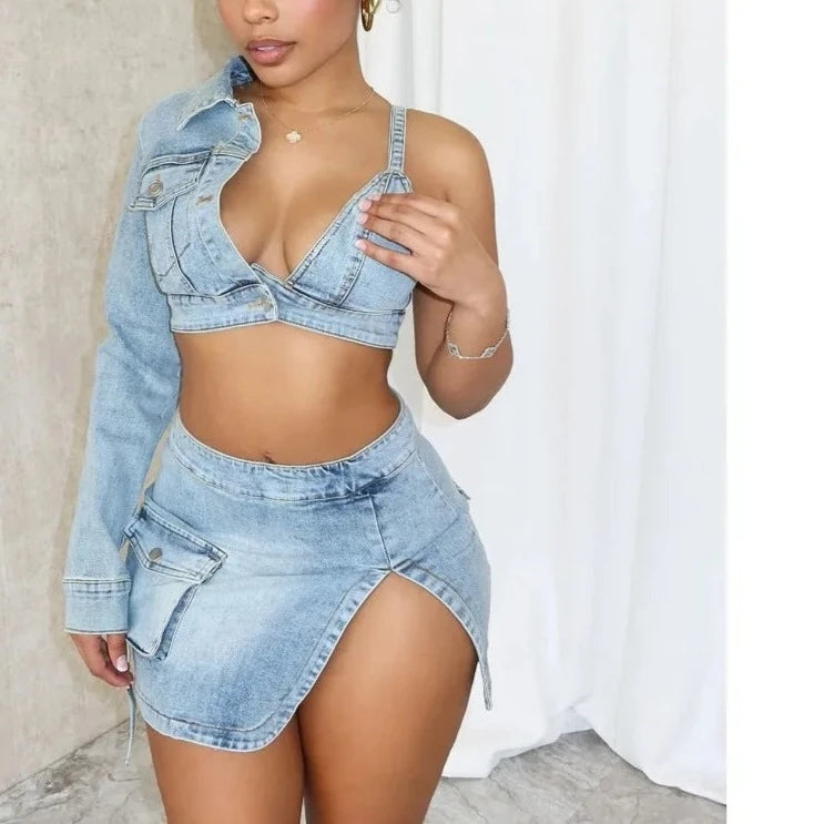 Denim Backless Slit Two Piece Cowboy Outfits