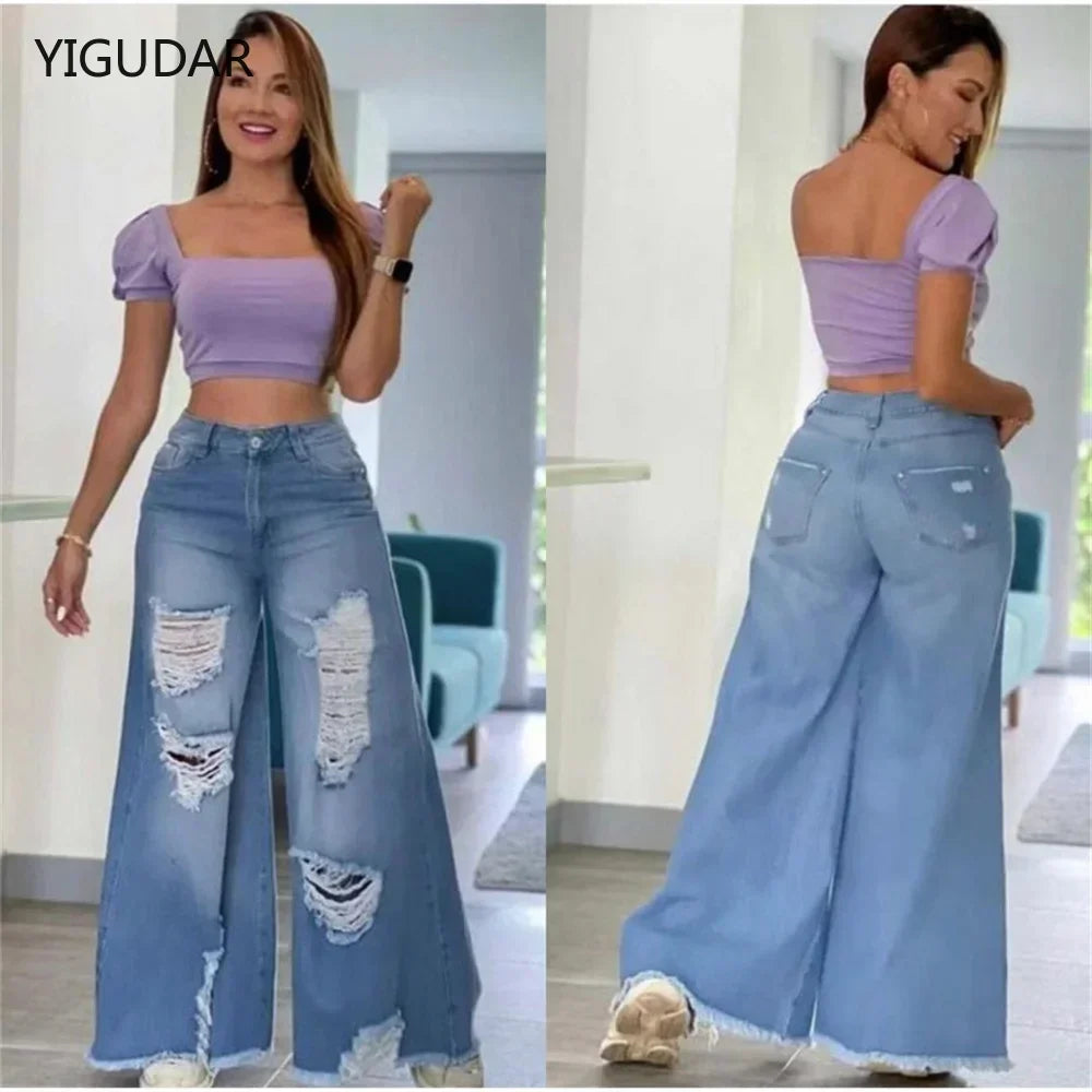 Ripped Jeans High Waist Loose Wide Leg Pants