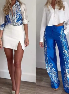 Print Turn-Down Collar Long Sleeves Single Breasted Shirts+High Waist Pants