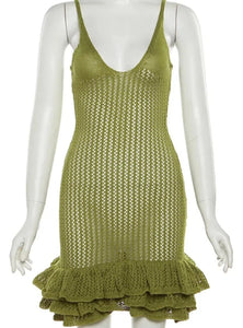 Knit See Through Pleated Hem Deep v-Neck Backless Dress