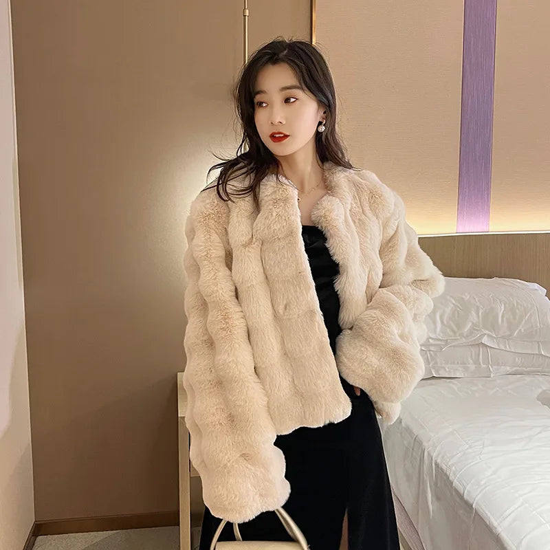 White  Plush Fur Coat Collarless