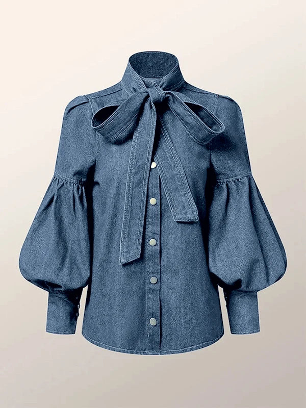 Denim Long Puff Sleeves Bow-Embellished Shirt